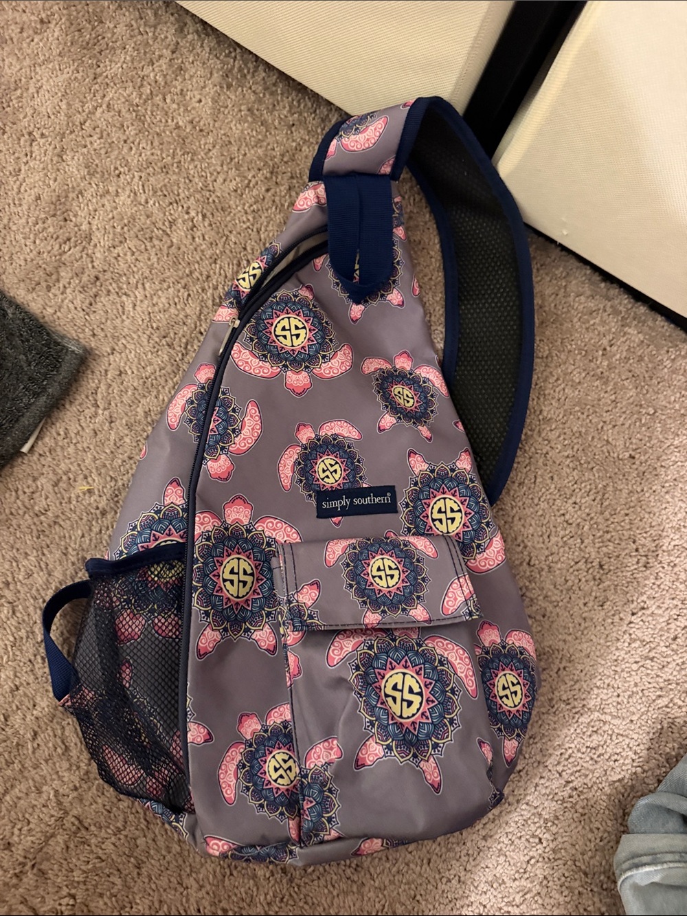 Simply Southern Gray Sling Bag with Pink & Navy Pattern